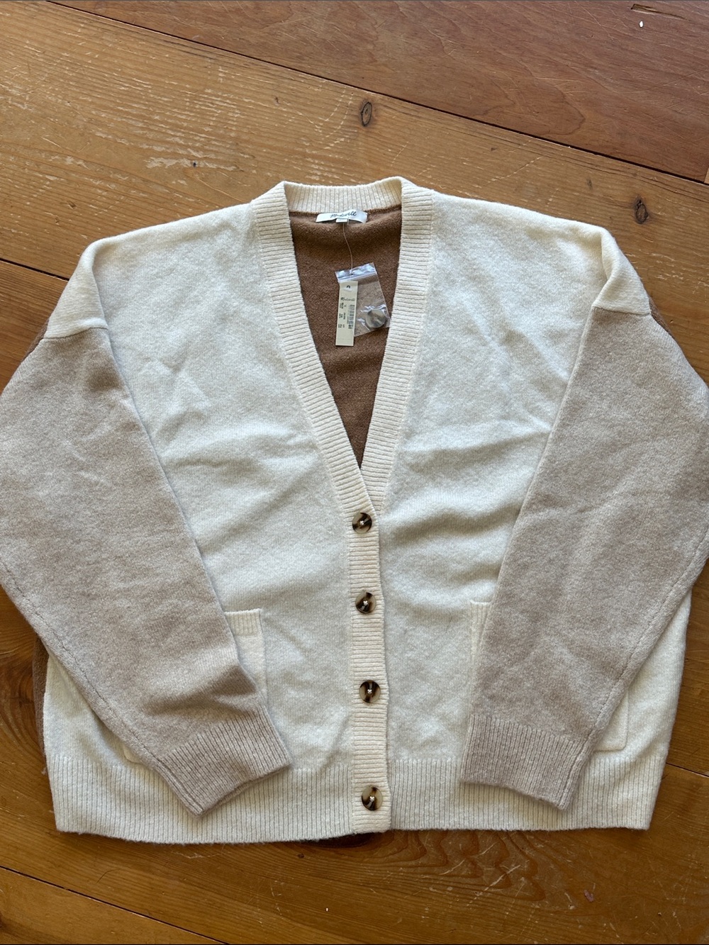 Madewell Two-Tone Cream and Tan V-Neck Button Cardigan